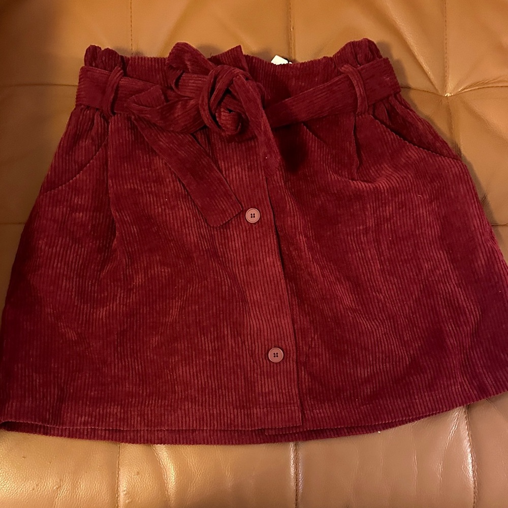 Cider Corduroy Paperbag Waist Mini Skirt in Burgundy